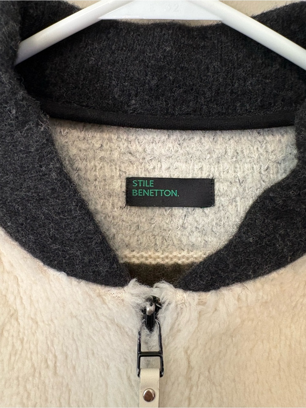 Stile Benetton rare Cream & Gray Shearling-Style wool bomber Jacket - Picture 2 of 7